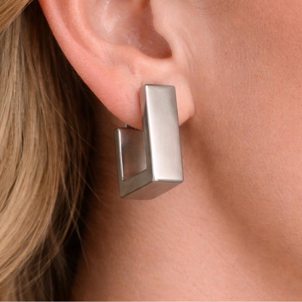 Monet Earrings 1" Semi Hoop Modernist Silver Plated Glam Runway Couture